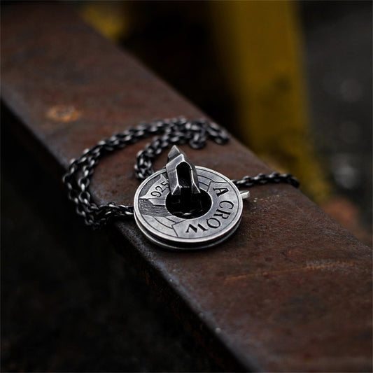Rotary wheel coin crow 925 silver pendant necklace, punk steam style necklace pendant sterling silver personalized gift-Craftsman made - SATANHORN