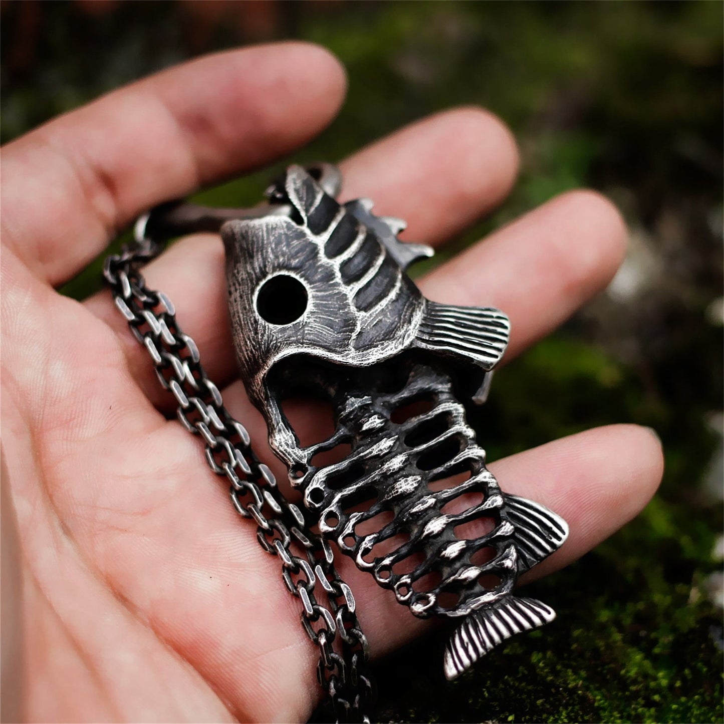 Skull Fish Skeleton Fish Hook 925 silver pendant necklace, punk angler fish necklace pendant silver personalized gift-Craftsman made