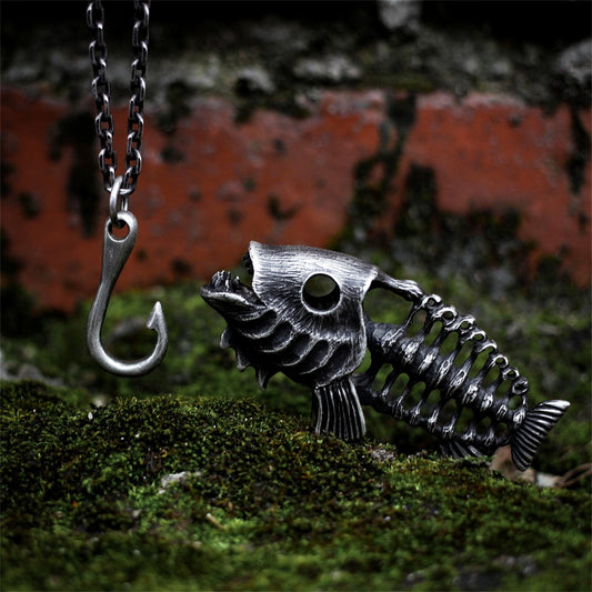 Skull Fish Skeleton Fish Hook 925 silver pendant necklace, punk angler fish necklace pendant silver personalized gift-Craftsman made