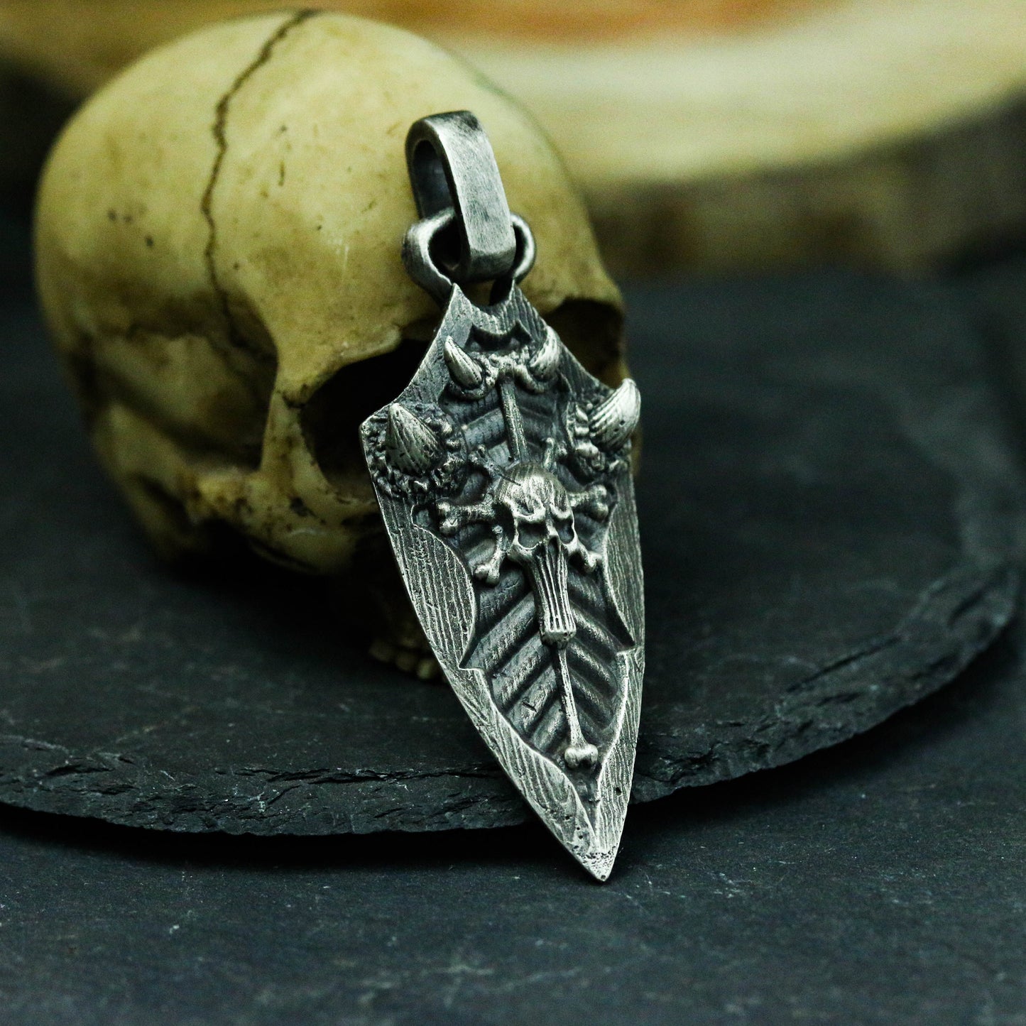 Skull Arrow 925 Silver Pendant Necklace, Cannibal Tribal Arrow Pendant Necklace, Skull Cross Necklace-Craftsman made