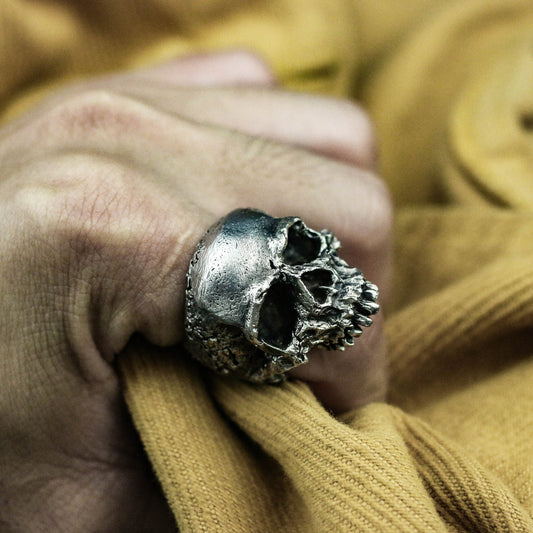 Jawless skull 925 silver ring, Half-faced skull ring, Brass 925 sterling silver cracked bone small gift - craftsman made - SATANHORN