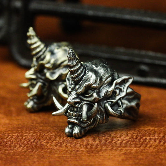 Devil silver ring, Prajna silver ring, Gothic skull silver ring, silver ghost ring, unihorn demon Satan men’s accessories-Craftsmen made - SATANHORN