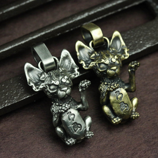 Lucky Cat Hairless Cat 925 Silver Pendant Necklace, Lucky Necklace Cat, Lucky Accessories, Pet Cat Pendant, Men's Accessories