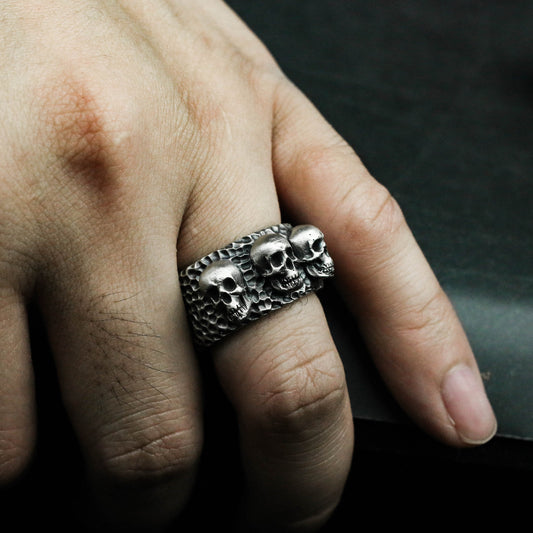 Three Skulls 925 Silver/Brass Ring, Skeleton Brothers Ring, Gothic Dark Ring-Craftsman made - SATANHORN