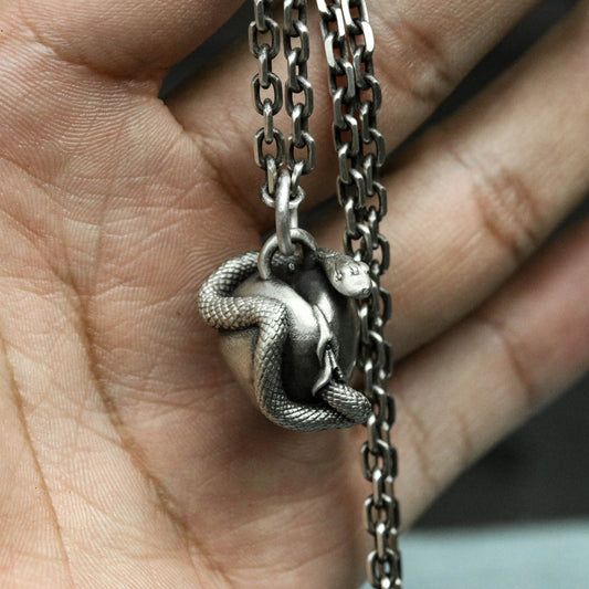925 Sterling Silver Apple Snake Pendant Necklace, Gothic Snake Pendant, Men's Necklace, Gift for Him - Handmade