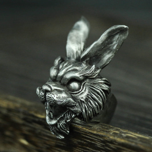 Rogue rabbit long-eared rabbit 925 silver ring, handmade silver ring, animal ring, men's ring, big ring, Gothic rabbit ring - SATANHORN