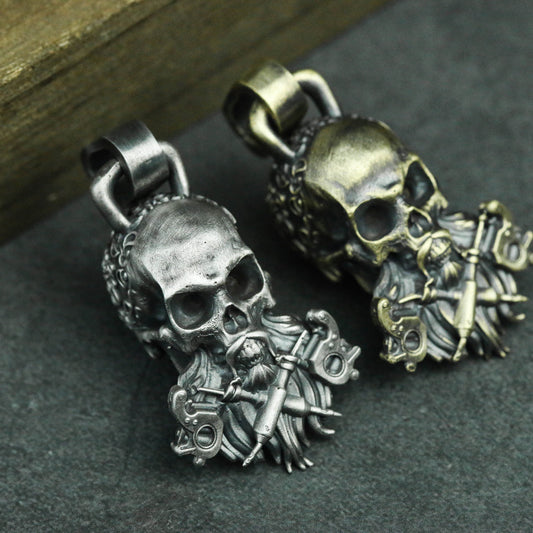 Gothic skull 925 silver pendant necklace, Gothic dark style silver pendant, Tattoo Punk Skull Necklace-Craftsmen made - SATANHORN