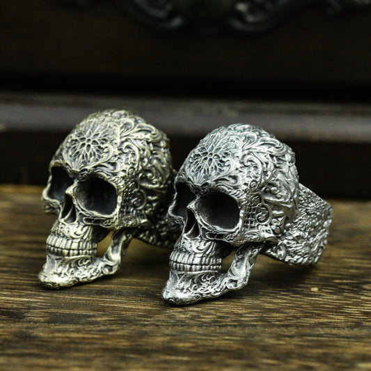 Textured carved skull 925 silver ring, pattern skull ring, unique skull, handmade personalized ring - Craftsman made - SATANHORN