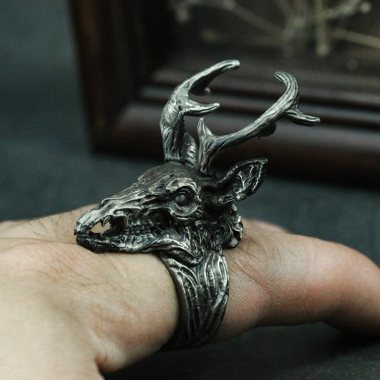 Deer Withered Bone 925 Silver Ring, Black Silver Ring, Animal Skull, Skull Deer Ring, Gothic Dark Ring - SATANHORN