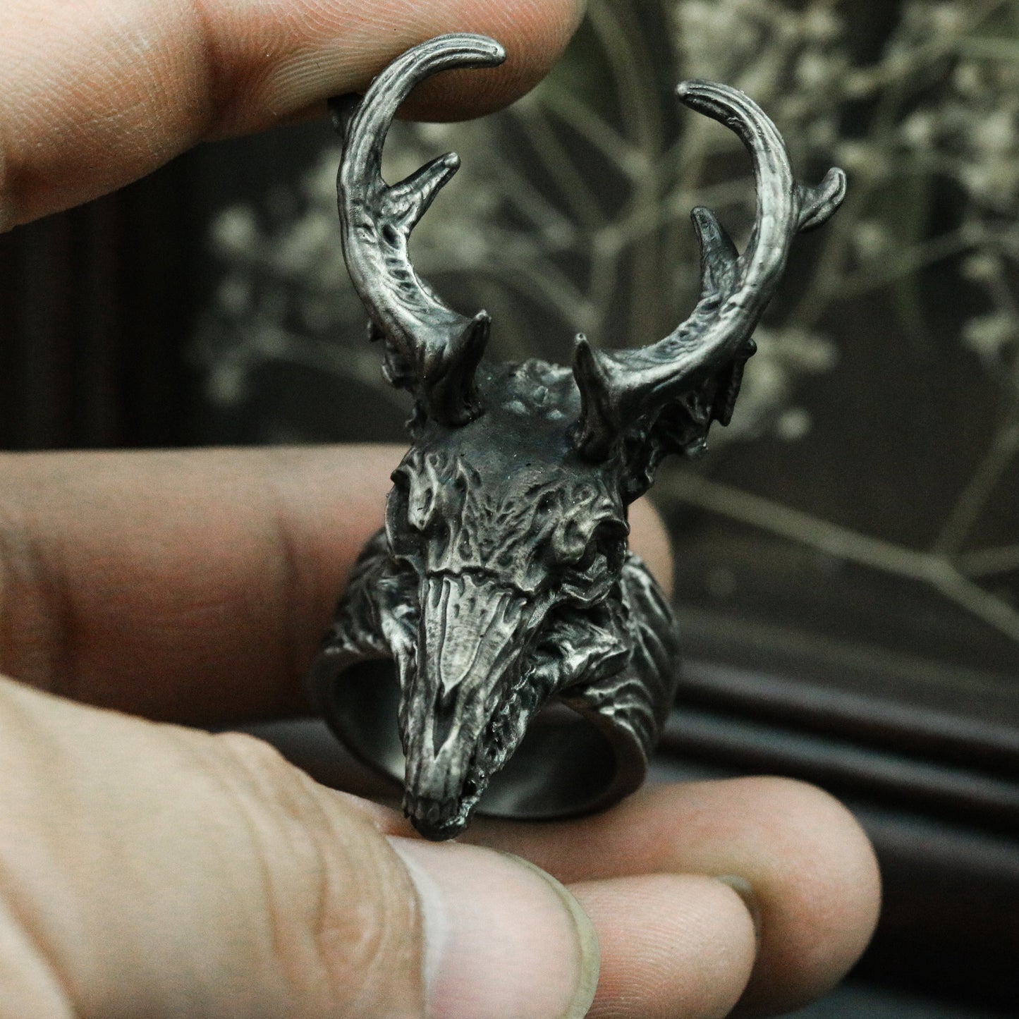 Deer Withered Bone 925 Silver Ring, Black Silver Ring, Animal Skull, Skull Deer Ring, Gothic Dark Ring