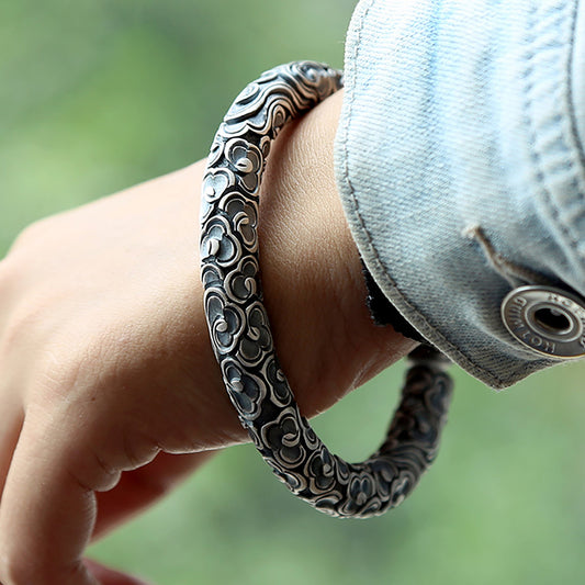 Simple moire solid 925 sterling silver bracelet, moire bracelet, men's bracelet