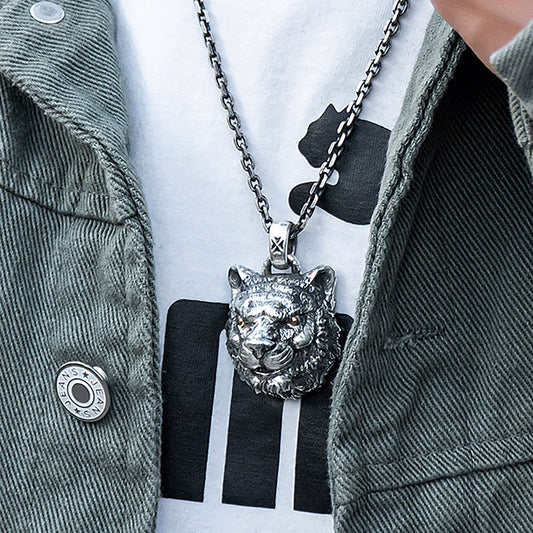 925 sterling silver tiger head pendant necklace, angry tiger necklace, silver necklace gift for husband, Halloween gift