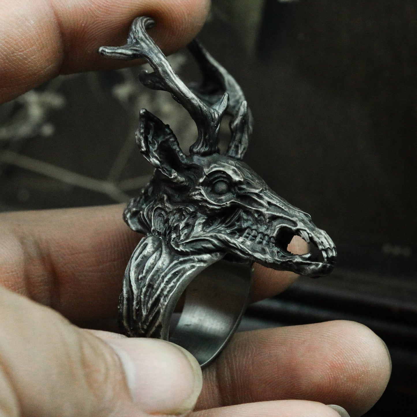 Deer Withered Bone 925 Silver Ring, Black Silver Ring, Animal Skull, Skull Deer Ring, Gothic Dark Ring