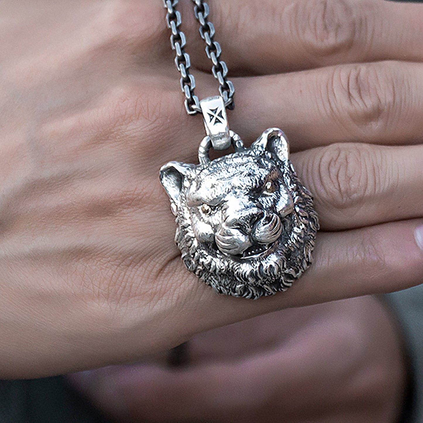925 sterling silver tiger head pendant necklace, angry tiger necklace, silver necklace gift for husband, Halloween gift