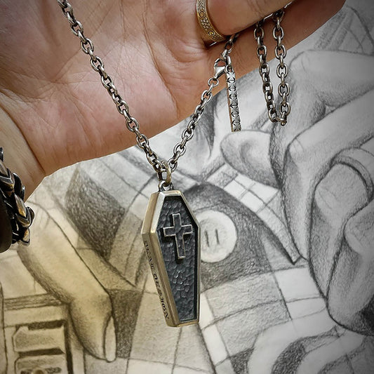 925 Sterling Silver Cross Coffin Silver Pendant Necklace, Christian Religious Jewelry, Gothic Coffin Jewelry, Men's Necklace - Handmade