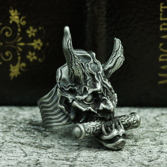 Prajna sutra 925 silver ring, ghost face Prajna Japanese ghost silver ring, horns demon ring handmade gift - SATANHORN