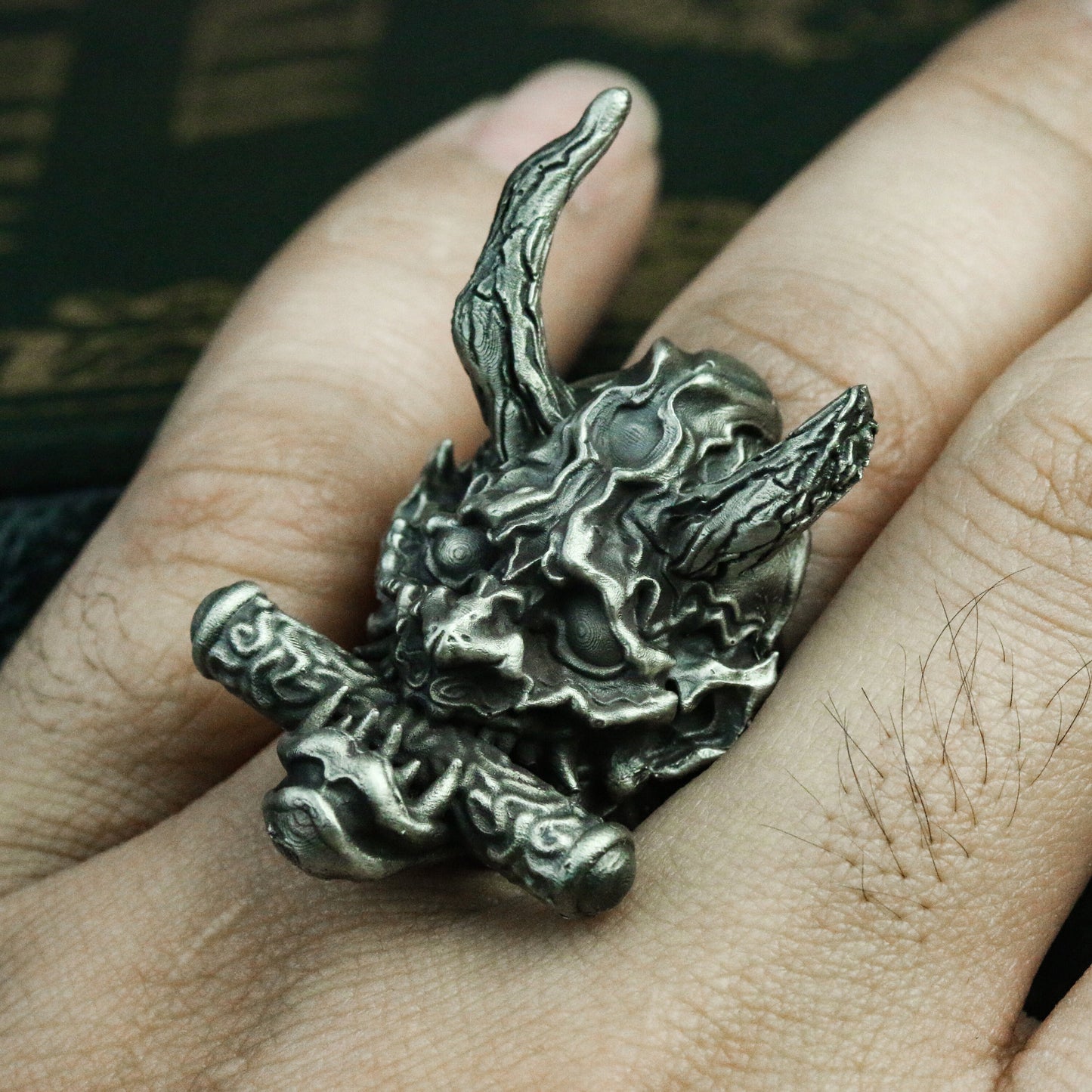 Prajna sutra 925 silver ring, ghost face Prajna Japanese ghost silver ring, horns demon ring handmade gift - SATANHORN
