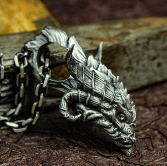 Hellish Dragon 925 Silver Pendant Necklace, Skull Dragon Necklace, Animal Pendant, Mythical Pendant, Handmade Silver Dragon Gift