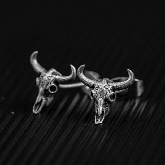 Skull bull head 925 silver earrings, gothic skull silver earrings, forest animal buffalo design earrings gift