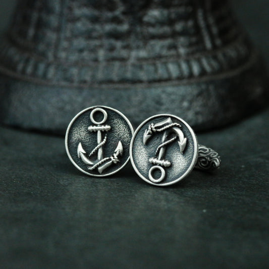 Boat anchor cufflinks handmade in 925 silver, coin round cufflinks silver accessories, sailor nautical cufflinks precious gift - SATANHORN