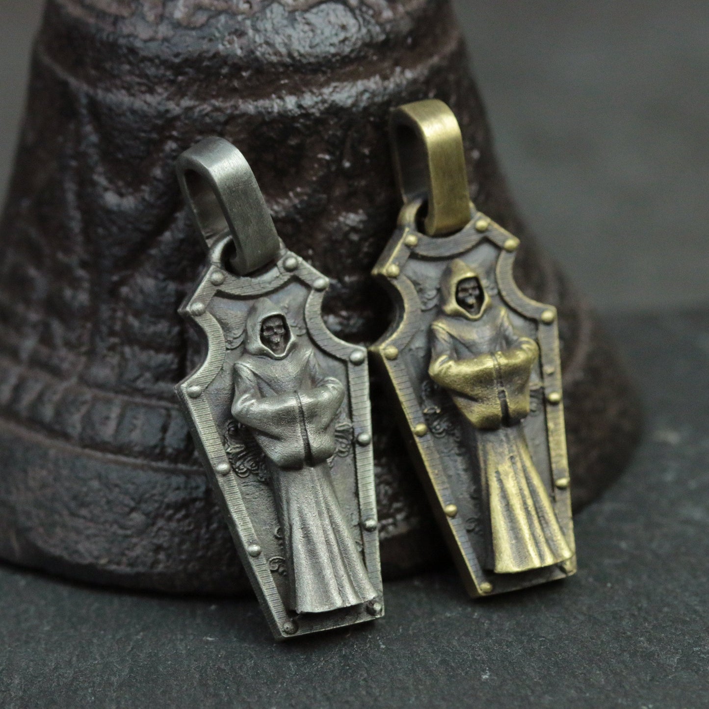 925 silver death pendant death angel demon shield necklace vampire coffin cross pendant brass craftsman made jewelry