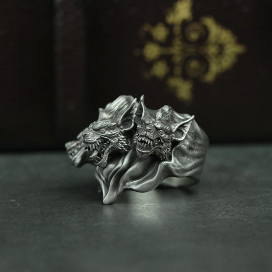 Hell three head dog 925 silver ring, dog head silver ring jewelry, vicious dog jewelry personalized gifts
