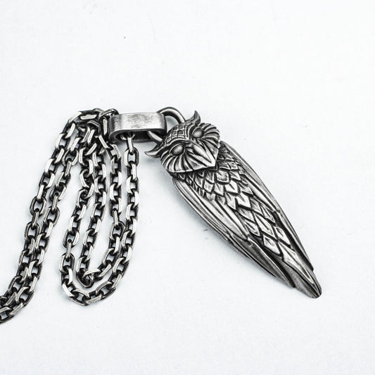 Owl Silver Pendant, Feather Brass Pendant, Hand Carved Ornament Pendant Pendant Pendant Mythological Brass Pendant, Auspicious Pendant