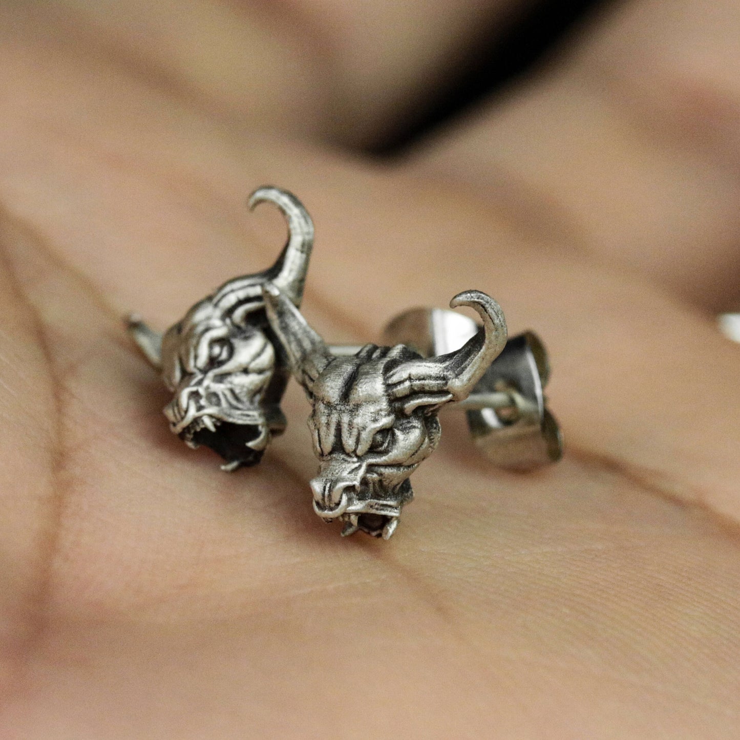 Sterling Silver Bull Head Stud Earrings, Bull Head Stud Earrings, Bull Horn Stud Earrings, Bull Stud Earrings, Gifts for Him, Gifts for Men