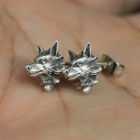 sterling silver wolf head earrings, wolf head earrings, wolf earrings, wild wolf earrings, wild animal earrings, gifts for men