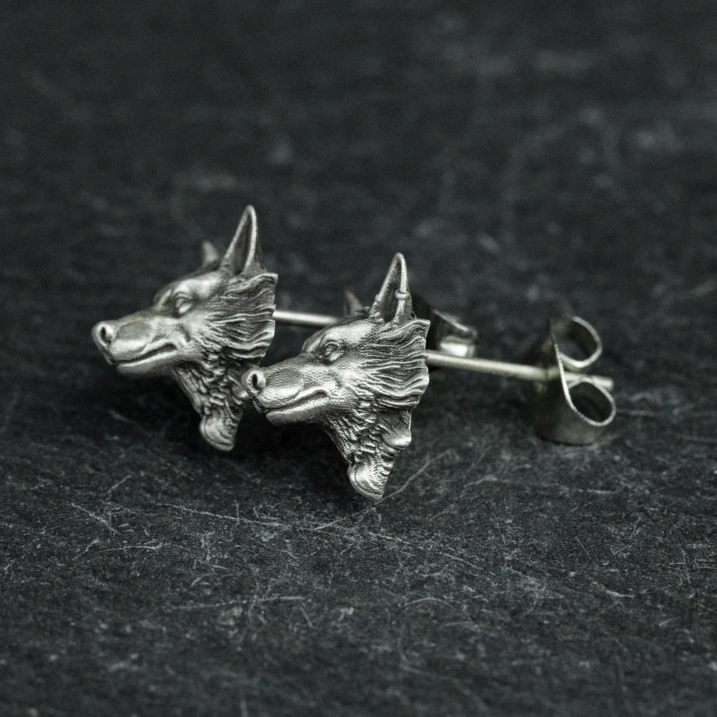 sterling silver wolf head earrings, wolf head earrings, wolf earrings, wild wolf earrings, wild animal earrings, gifts for men