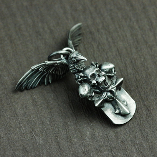Necronomicon tag 925 silver necklace, raven and skull grim reaper, gothic cross silver handmade pendant gift