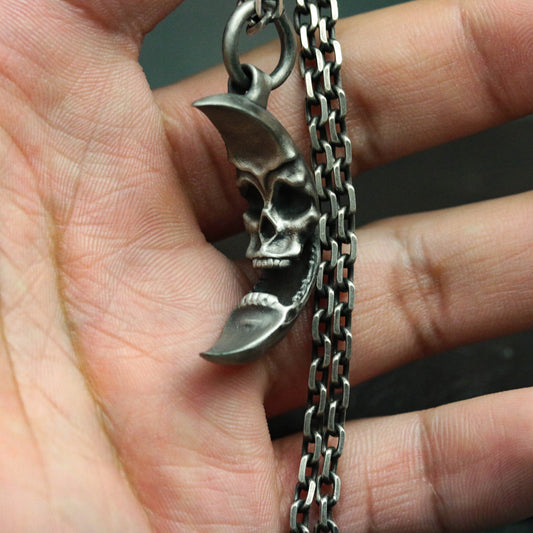 Moon Skull 925 Silver Pendant Necklace, Personalized Silver Pendant, Handmade Gothic Silver Skull Pendant