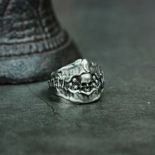 Stitched skull 925 silver ring, Hell's Gate ring, cracked gothic skull ring dark gift - SATANHORN