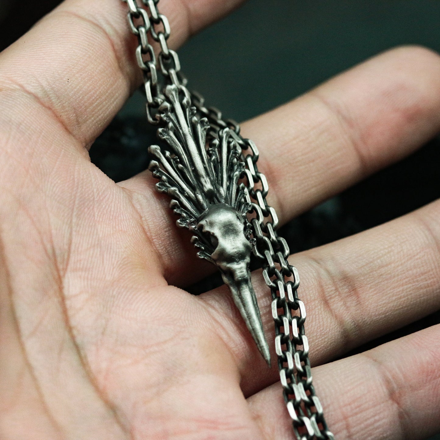 Dark Mystique 925 Silver Raven Skull Necklace - Totem Pendant Collection
