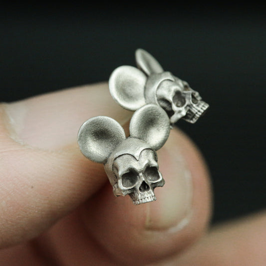 Duo-Circle Shadow Skull Earrings Big Ear Skull Animal 925 Silver Stud Fantasy Jewelry