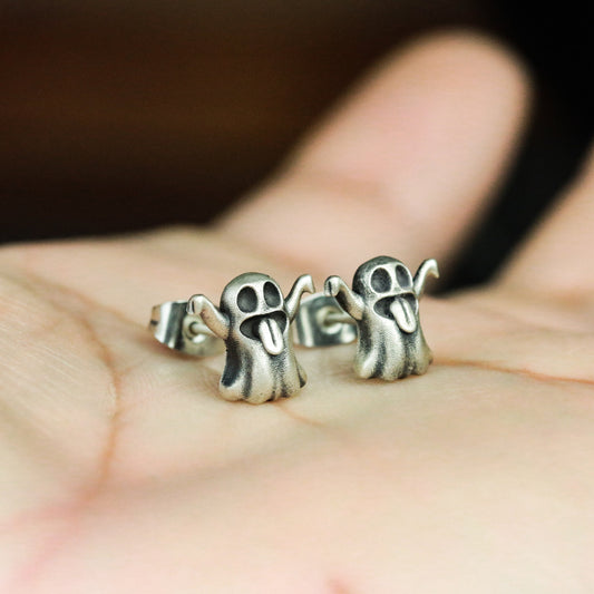Ghost 925 Silver Earrings, Weird Undead Silver Earrings, Gothic Necro, Hip Hop Earrings - Handmade