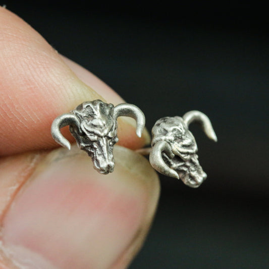 Skull Bull Head 925 Silver Stud Earrings, Animal Skull Silver Earrings, Gothic Bullfighting Silver Stud Earrings - Handmade