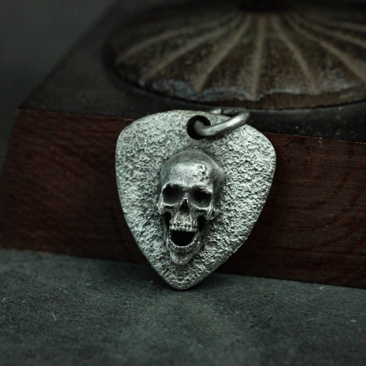 Gothic skull silver tag-guitar pick silver necklace pendant-handmade skull silver jewelry gift craftsman