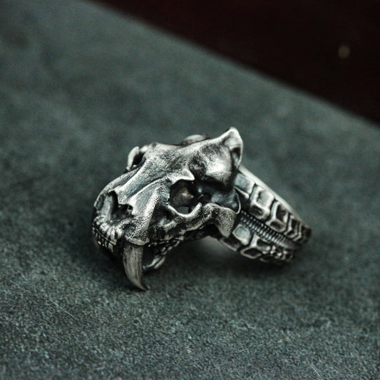 Saber-tooth tiger skull 925 silver ring, original tiger ring, imitation stone bone silver ring unique