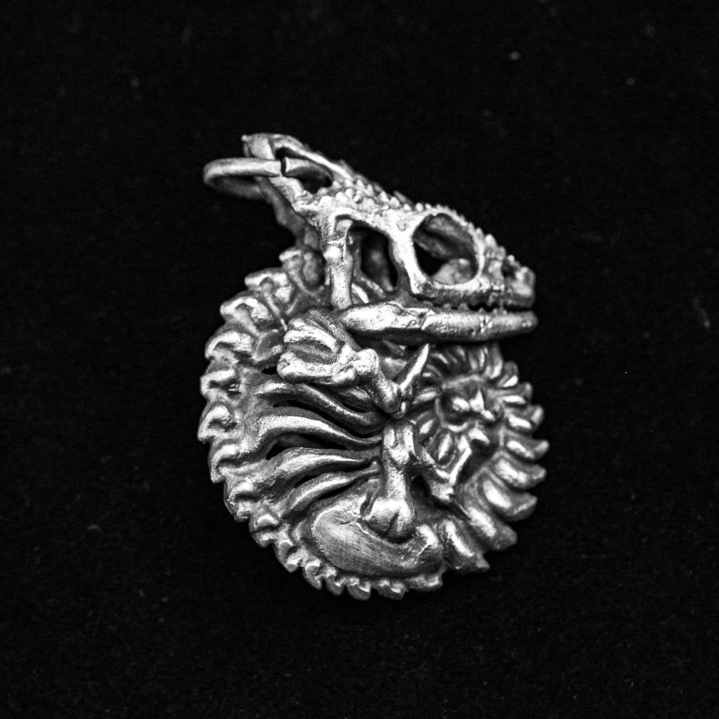 Lizard Silver Pendant - Chameleon Pendant - Gothic Silver Pendant - Alien Necklace Skull Spine Round Necklace - Handmade Custom Pendant