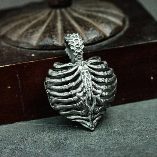 Heart and Ribs 925 Silver Pendant Necklace - Human Skeleton - Memorial Pendant Craftsman Made