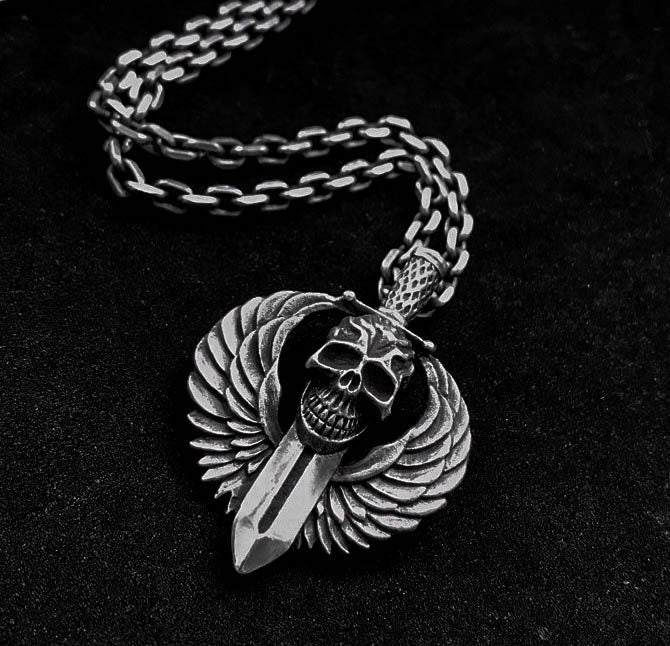 Dagger Pendant - Angel Wing Silver Pendant - Handmade Artisan Jewelry - Demon Necklace - Oxidized Men's Jewelry - Skull Silver Necklace