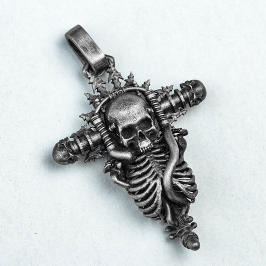 Skull Necklace - Cross Silver Pendant - Silver Necklace - Hand Cast Jewelry - Oxidation Jewelry -