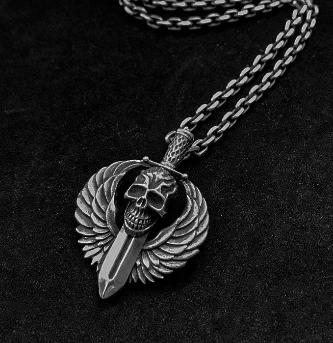 Dagger Pendant - Angel Wing Silver Pendant - Handmade Artisan Jewelry - Demon Necklace - Oxidized Men's Jewelry - Skull Silver Necklace