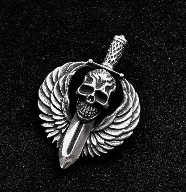 Dagger Pendant - Angel Wing Silver Pendant - Handmade Artisan Jewelry - Demon Necklace - Oxidized Men's Jewelry - Skull Silver Necklace