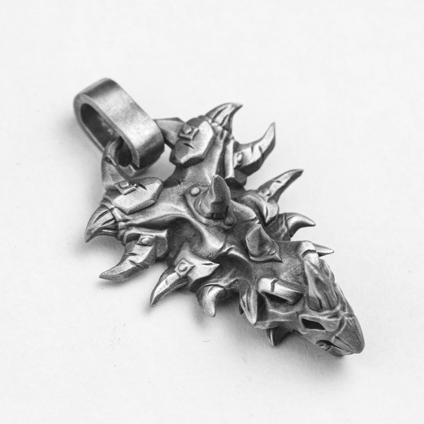 Men's Pendant - Dragon Head Shield Necklace - Antique Silver Jewelry - Hand Carved Dragon - Silver Pendant -