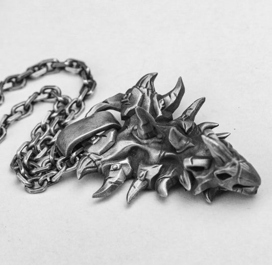 Men's Pendant - Dragon Head Shield Necklace - Antique Silver Jewelry - Hand Carved Dragon - Silver Pendant -