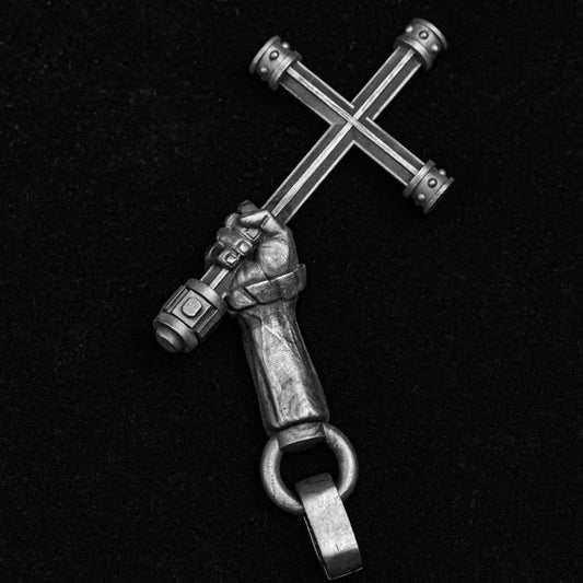 Fist Men's Necklace - Silver Cross Pendant - Long Arm Fist Pendant - Charm Necklace -