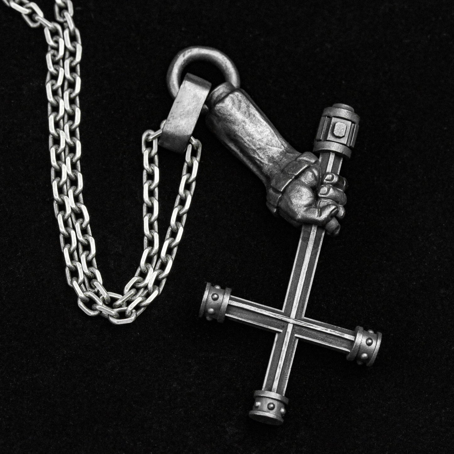 Fist Men's Necklace - Silver Cross Pendant - Long Arm Fist Pendant - Charm Necklace -