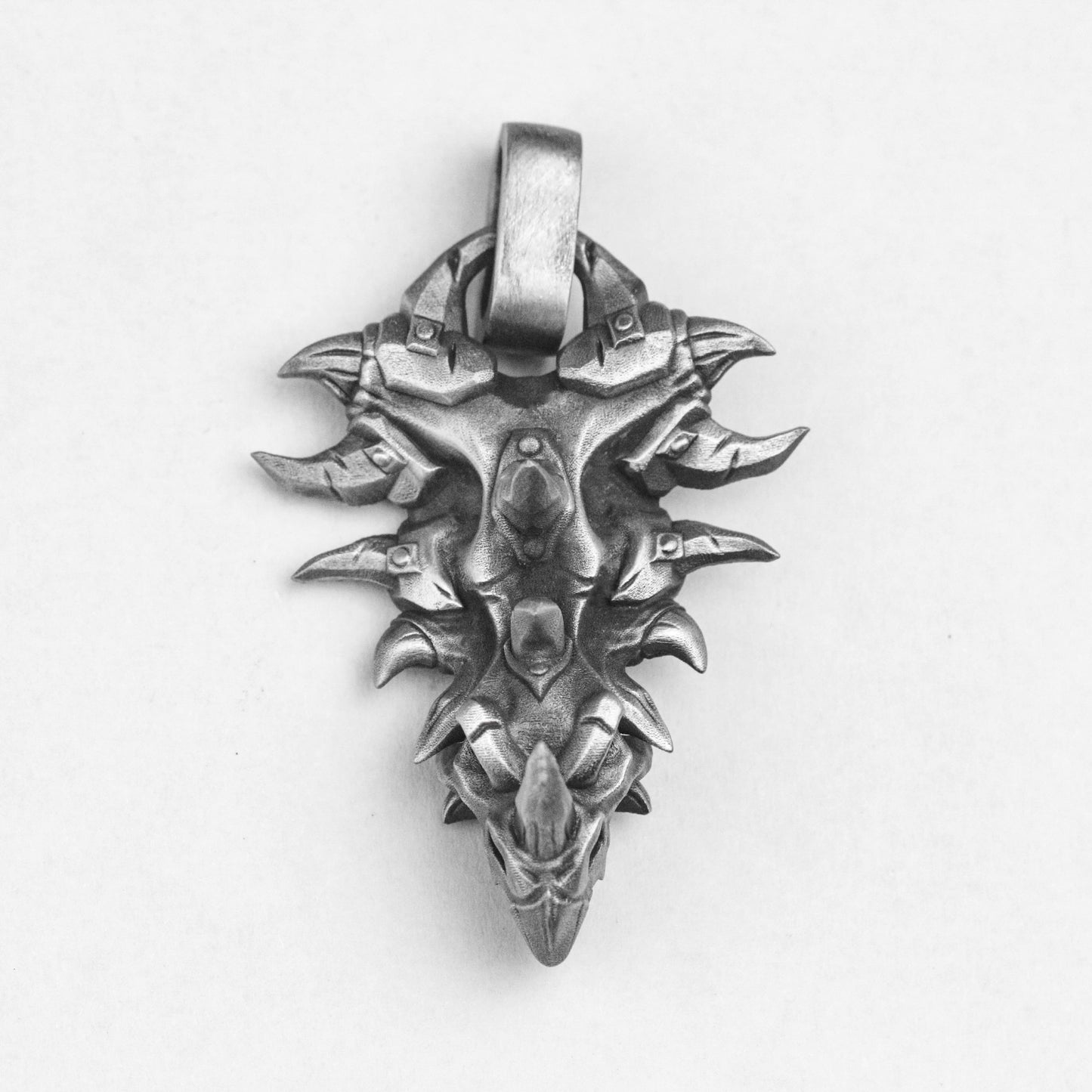 Men's Pendant - Dragon Head Shield Necklace - Antique Silver Jewelry - Hand Carved Dragon - Silver Pendant -
